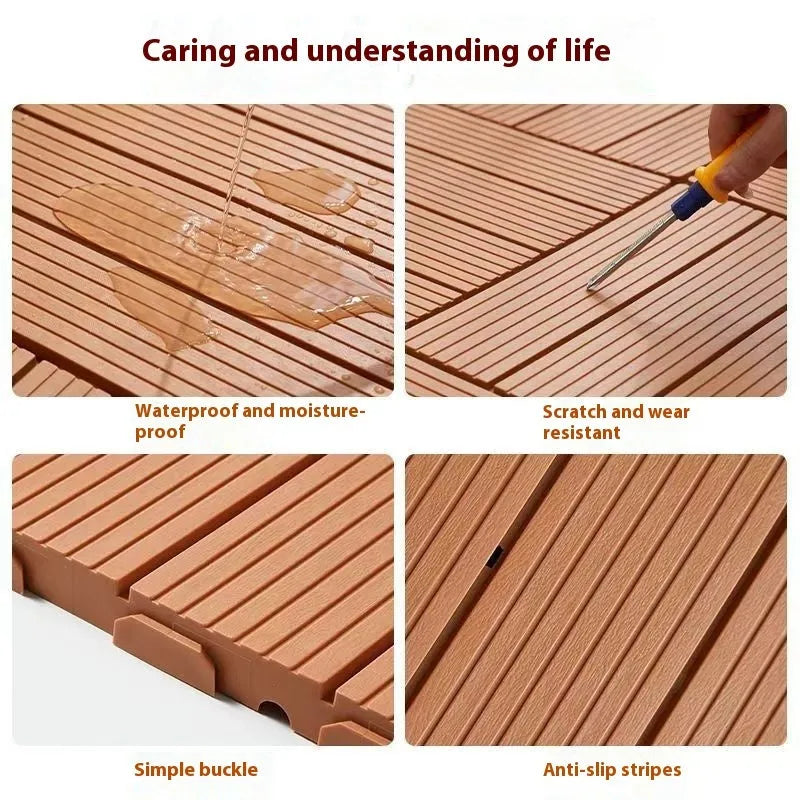 Ten wood grain plastic floor tiles showing non-slip surface and splicing edges.