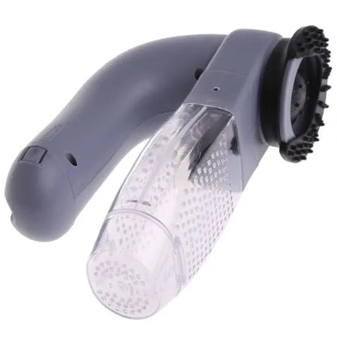 Grey portable electric pet hair vacuum cleaner with soft rubber brush head.