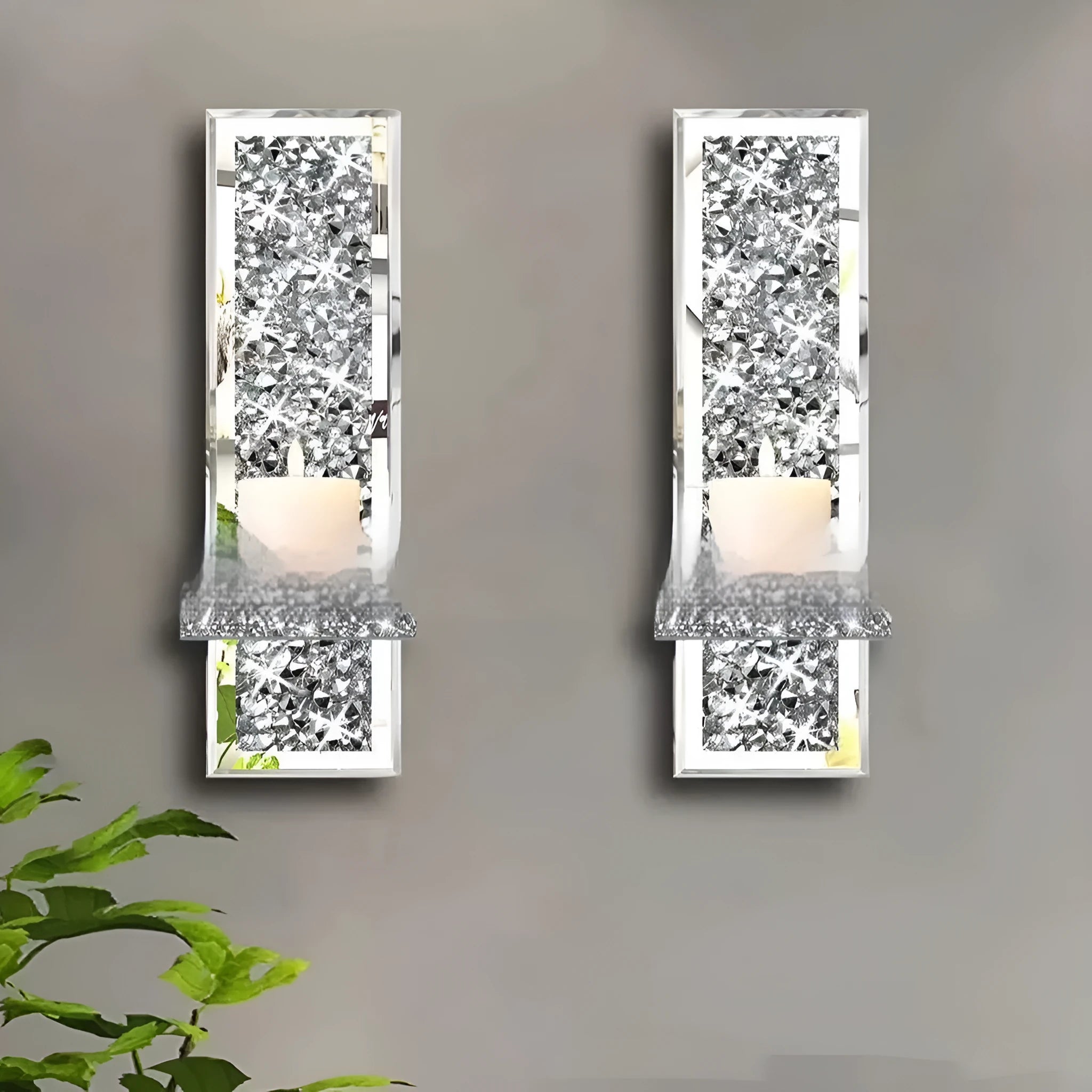 Silver mirror crystal candle holders for wall mounting in modern living room decor