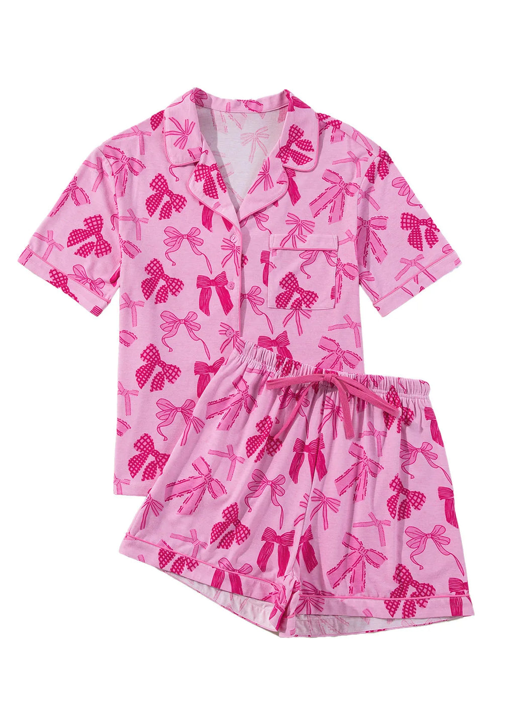 Women's pink bow print two-piece polyester pajama set showing top and pants