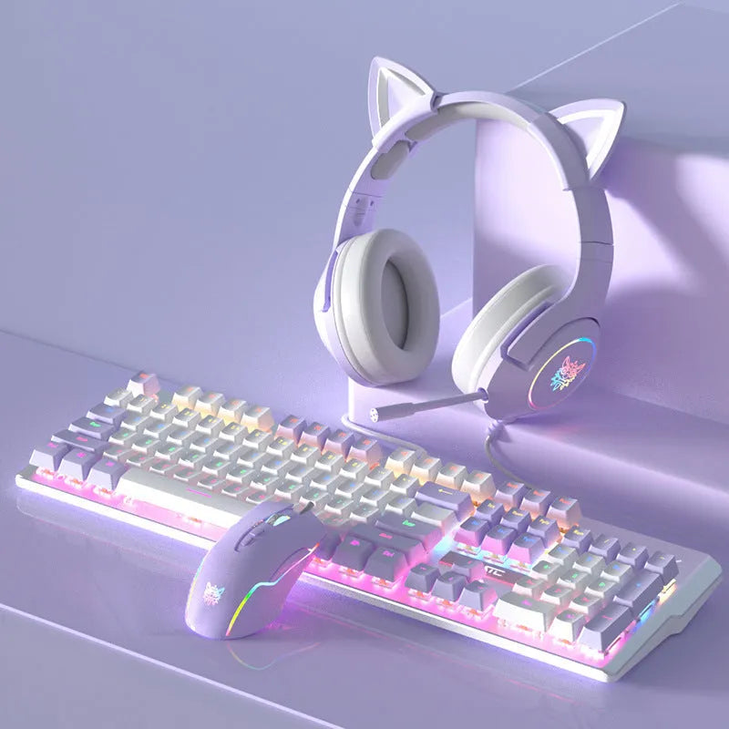 Purple mechanical keyboard and mouse wired set with white accents and mixed backlighting