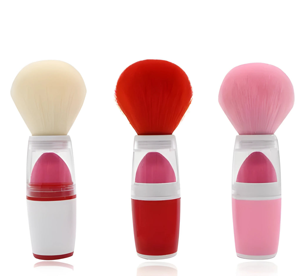Portable blush brush with synthetic hair head and plastic handle in pink colour