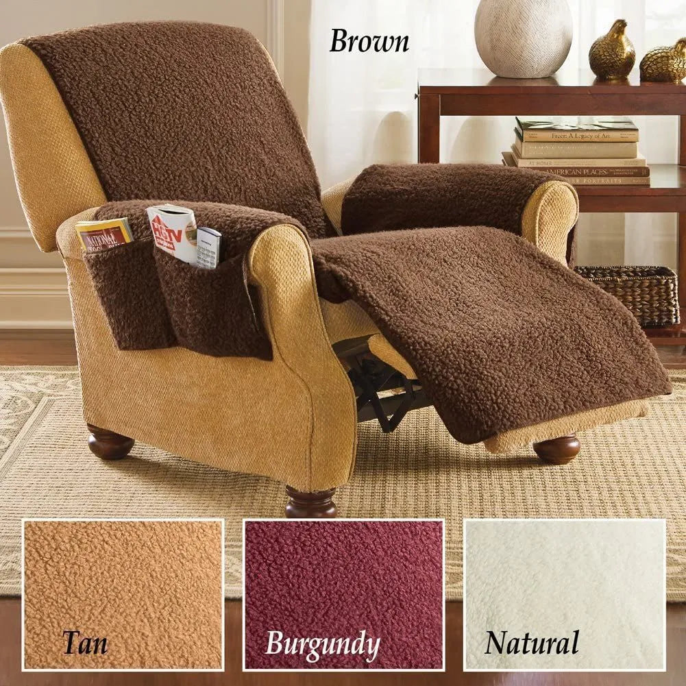 Polyester sofa cushion slipcover in a lamb wool colour on a sofa, showing elasticated corner.