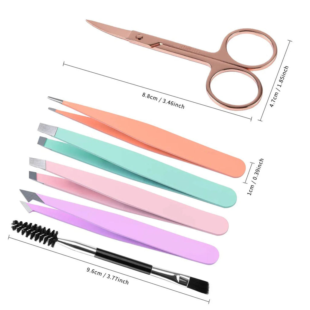 Professional stainless steel eyebrow tweezer set with curved scissors in a leather case