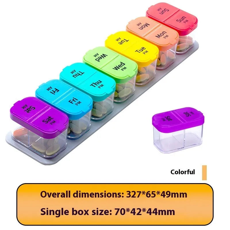 14-compartment pill organiser with removable sections in white and rainbow colour options