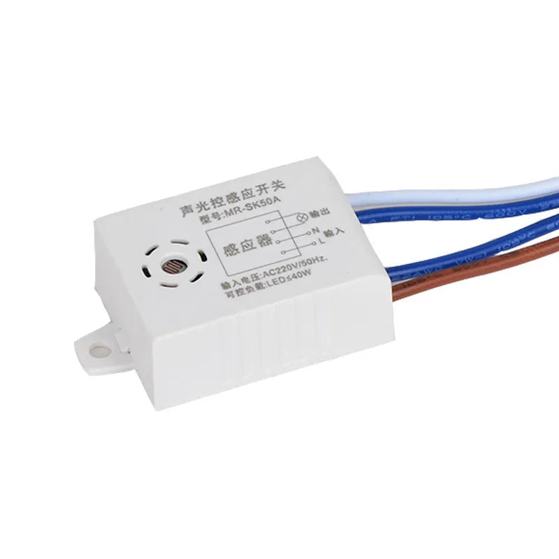White sound and light control switch with dual sensor module for voice activated indoor lighting automation