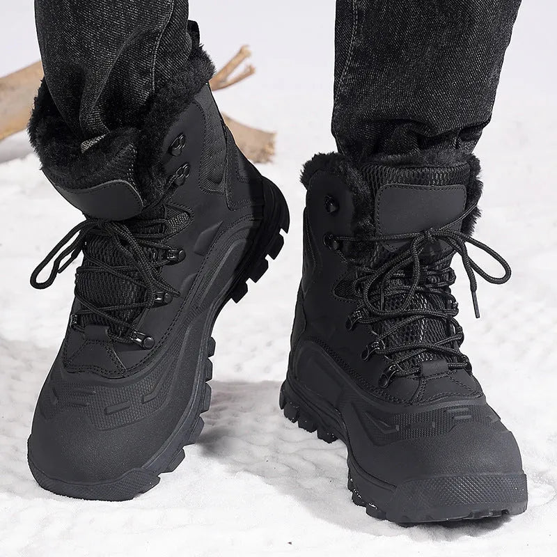 Men's black fleece-lined high-top lace-up boots with a ribbed TPR sole on a plain background.
