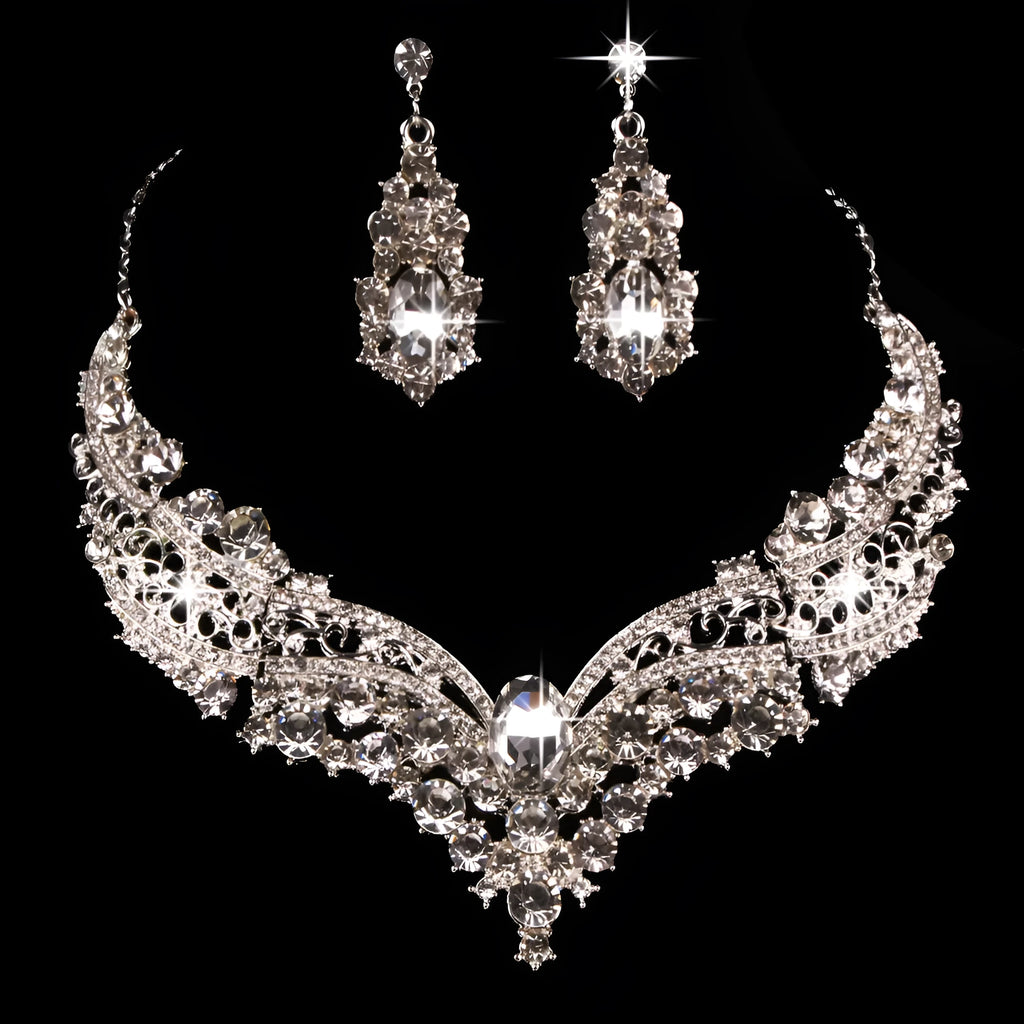 Alloy rhinestone jewellery set with necklace and earrings, adjustable water wave chain, butterfly pattern, for women