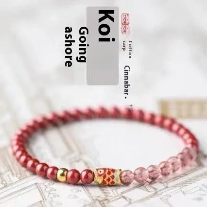 Women's purple cinnabar bracelet with strawberry quartz stones and Koi pattern design