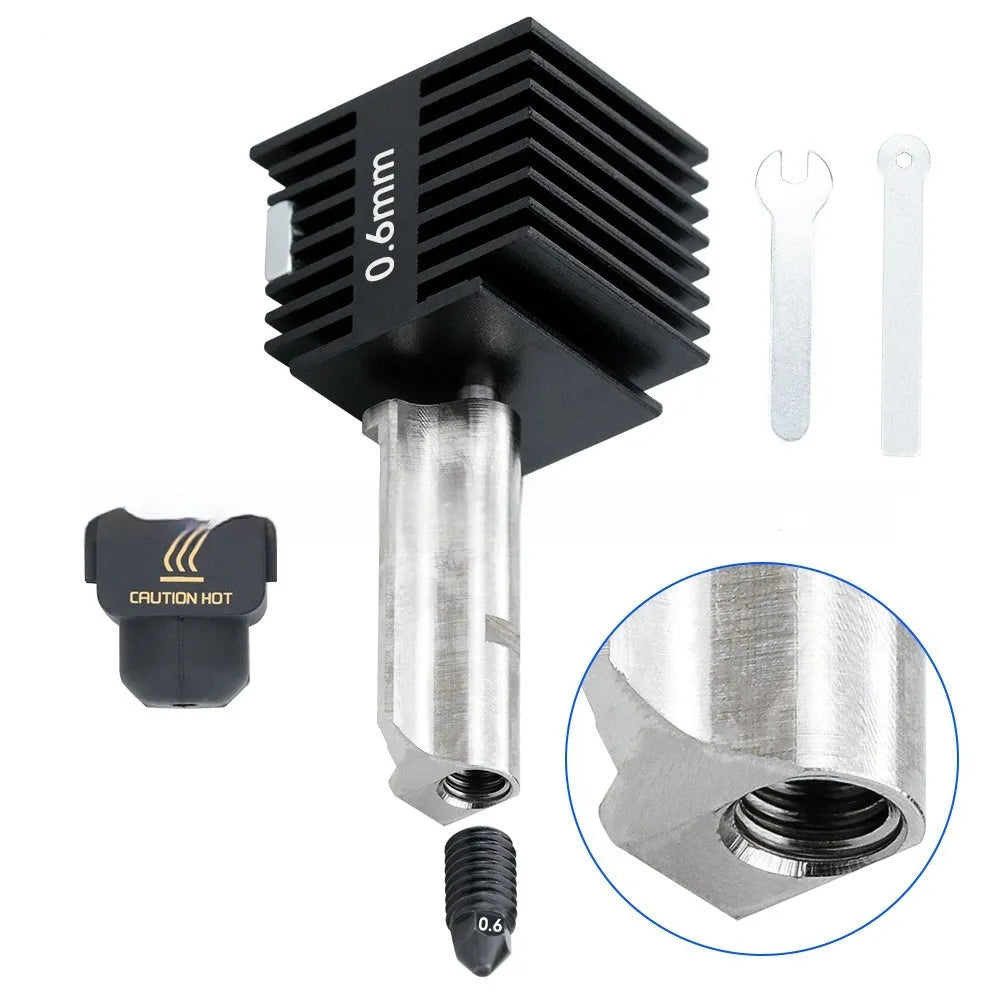 Bambu Lab A1 Mini hot end assembly with hardened steel nozzle and black silicone protective sleeve