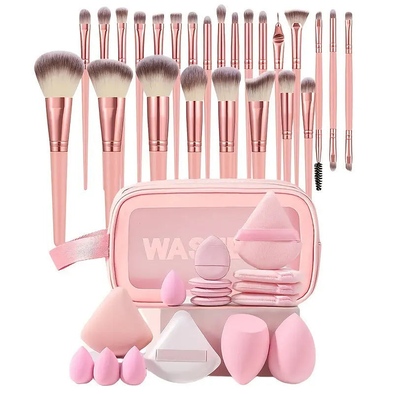 40-piece beauty tools set with hydrophilic non-latex face wash and makeup tools in brown, pink and purple colour options