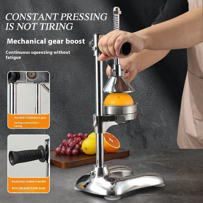 Vertical stainless steel manual juicer showing colour and head type options: pointed, flat, and double-headed.