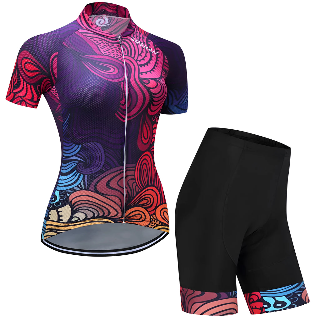 Purple mountain bike set made from pineapple fabric with moisture wicking, lightweight and breathable cycling top