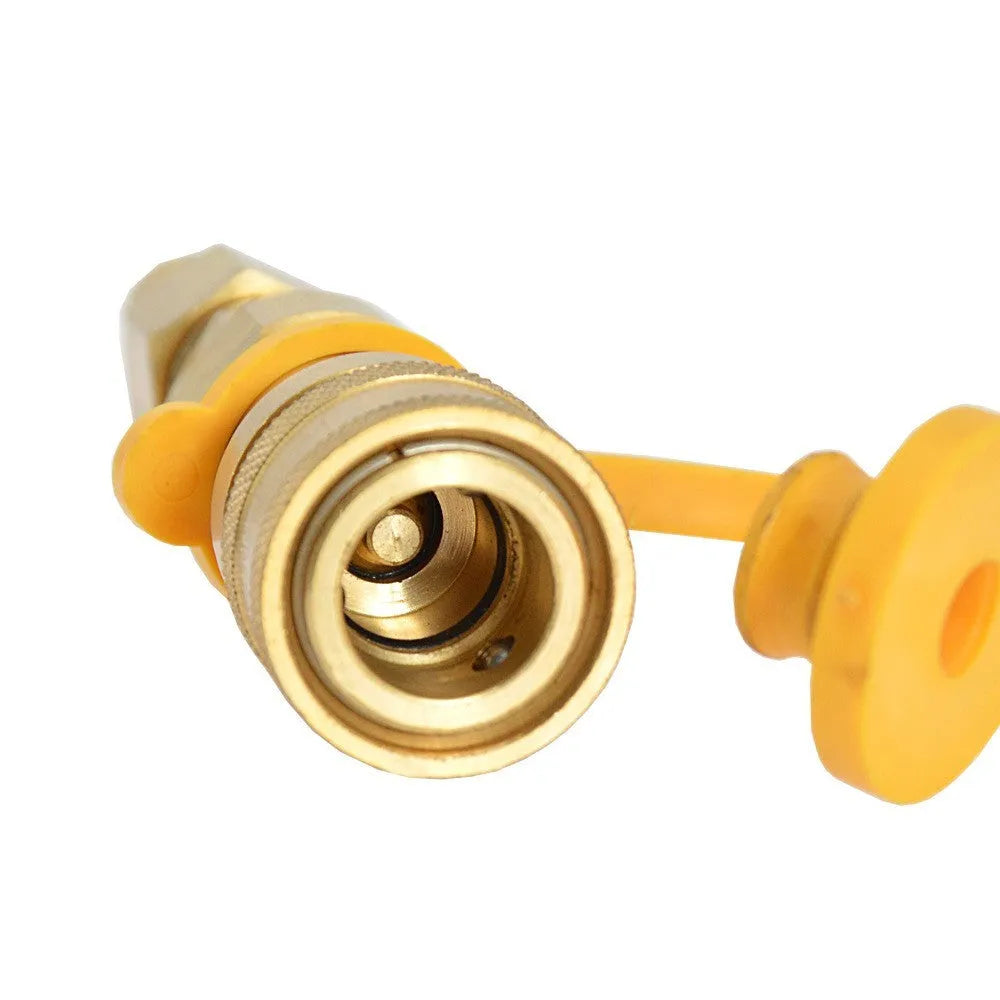 Gold brass gas propane tank charging connector with 3/8 inch American standard threads.