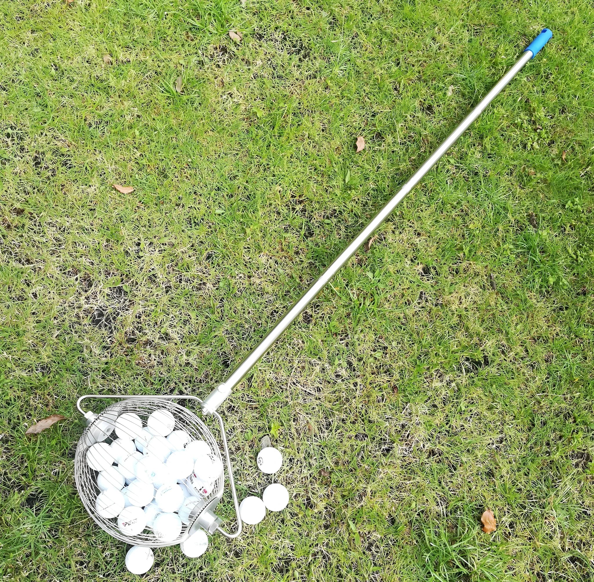 Metallic coloured 304 stainless steel golf ball picker, 47 cm long.