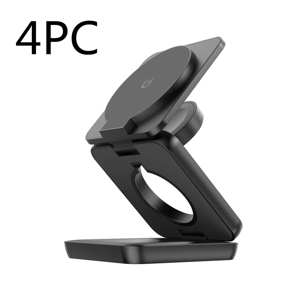 Black foldable magnetic wireless charging phone holder showing its compact size.