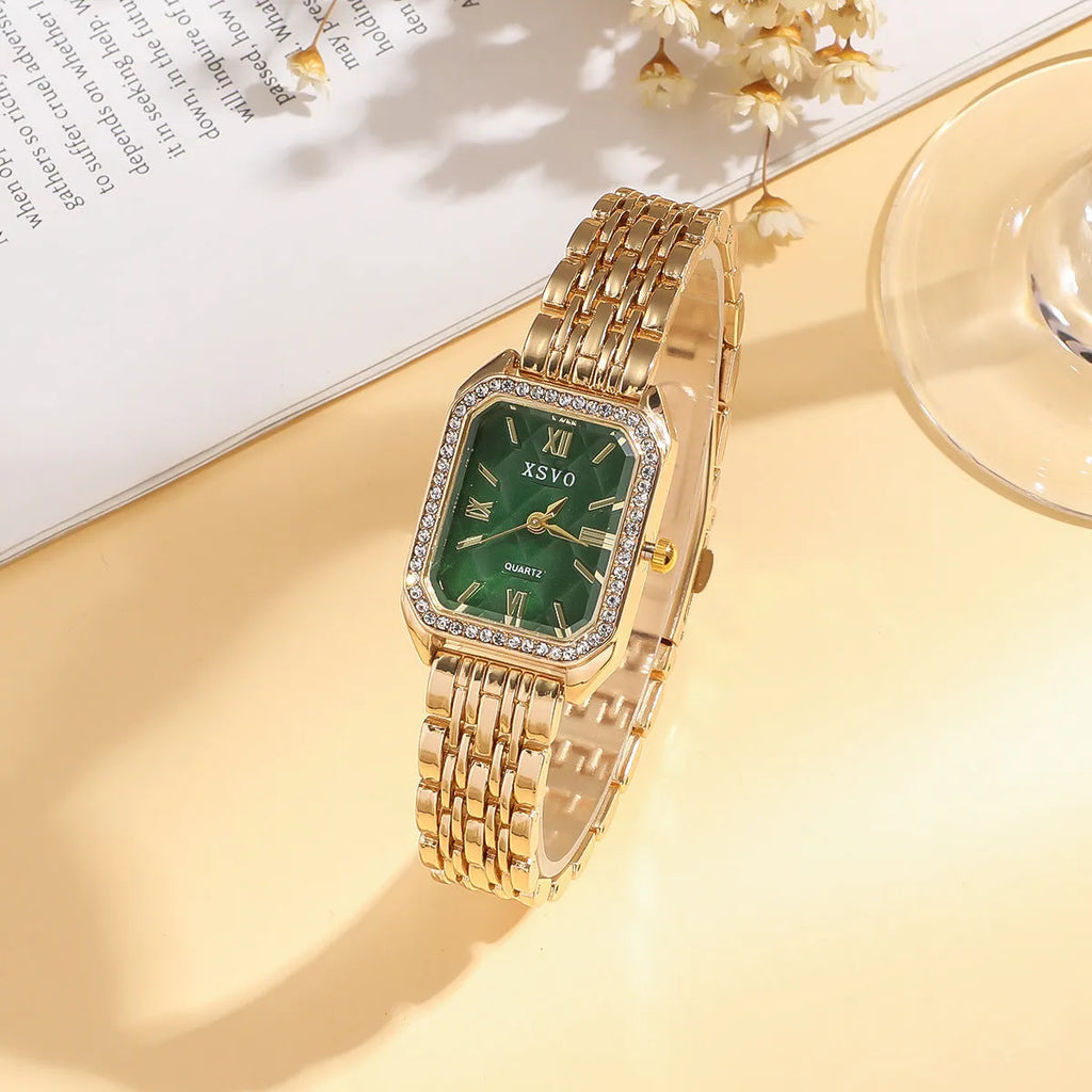 Gold green square watch with four matching bracelets, 25mm dial, jewellery buckle