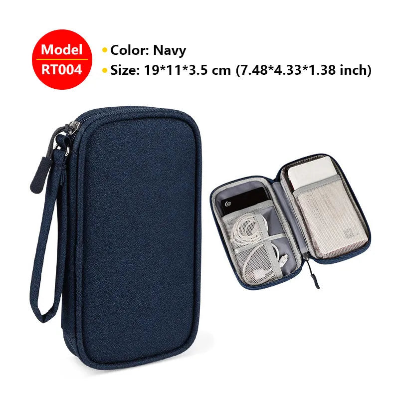 Double-layer waterproof storage bag for data cables, power bank, and USB drives in black