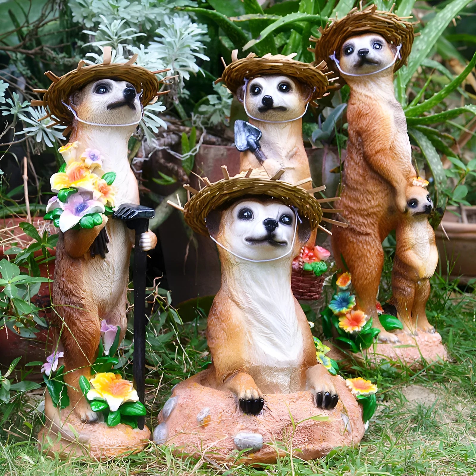 Straw hat mongoose plastic ornament for garden decoration with gardening tool accessories