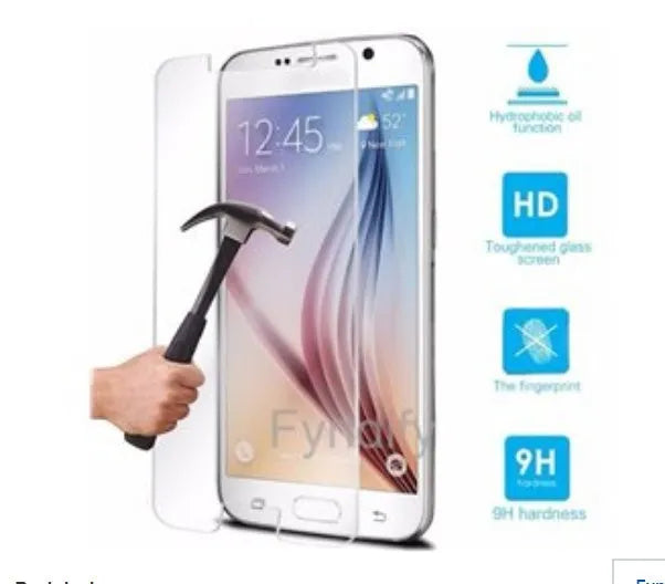 Tempered glass screen protector with 9H hardness and oleophobic coating for smartphones.