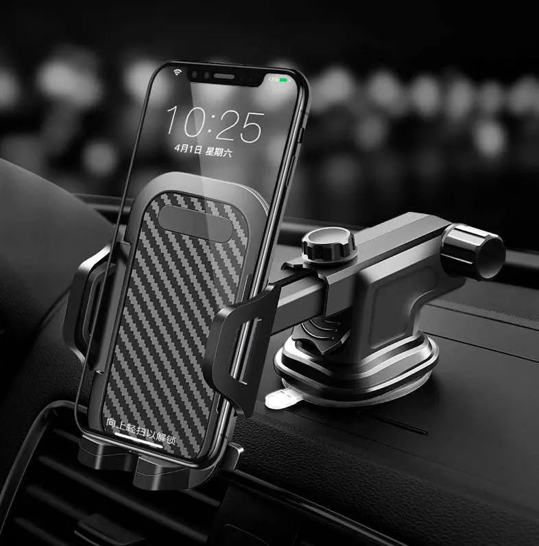 Black car windscreen phone holder for smartphones between 4 and 7 inches wide.