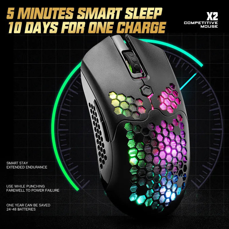 Free Wolf X2 wireless RGB gaming mouse with honeycomb shell in multiple colours on a desk.