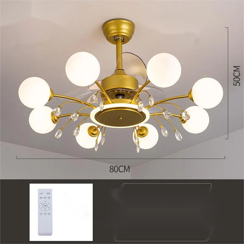 Ceiling fan lamp chandelier with metal blades and acrylic lampshade in living room setting