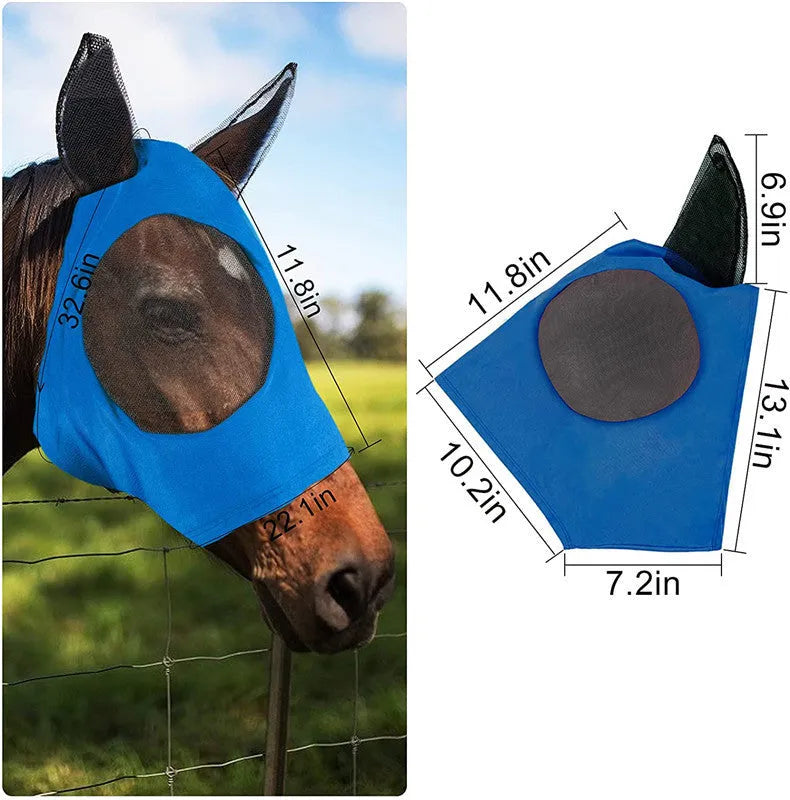 Lycra horse fly mask with ears in a check pattern, available in black blue grey purple rose red, for trail and pasture use.