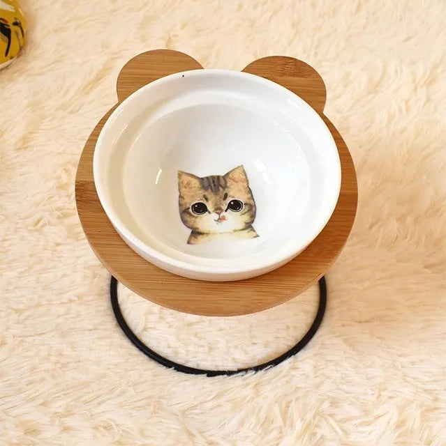 Ceramic cat bowl holder with raised rack in grey cat colour