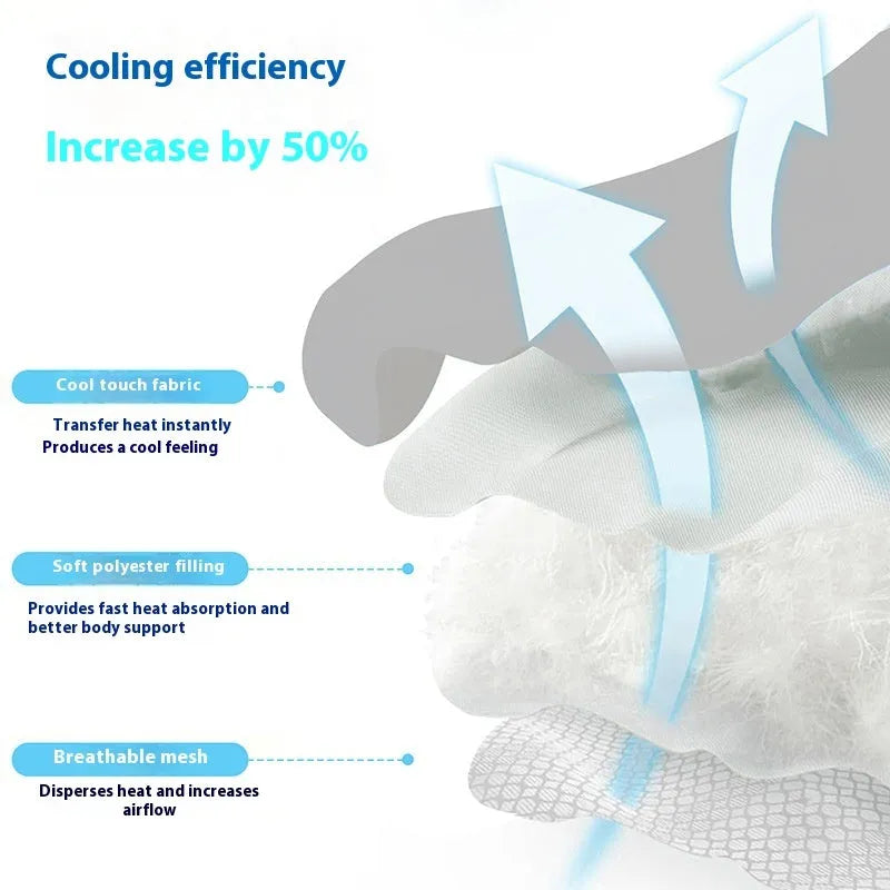 Dog head-shaped Ice Silk pet cooling mat on a hardwood floor, showing non-slip base and light gray colour.