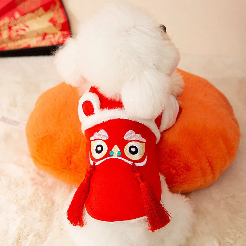 Lion dance pet costume cotton-padded red dog and cat warm clothing with tassels