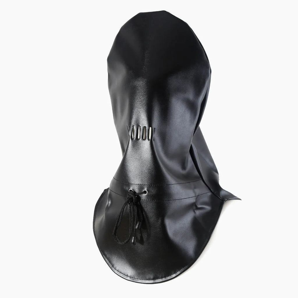 Black leather BDSM mask with adjustable headgear straps for adult training