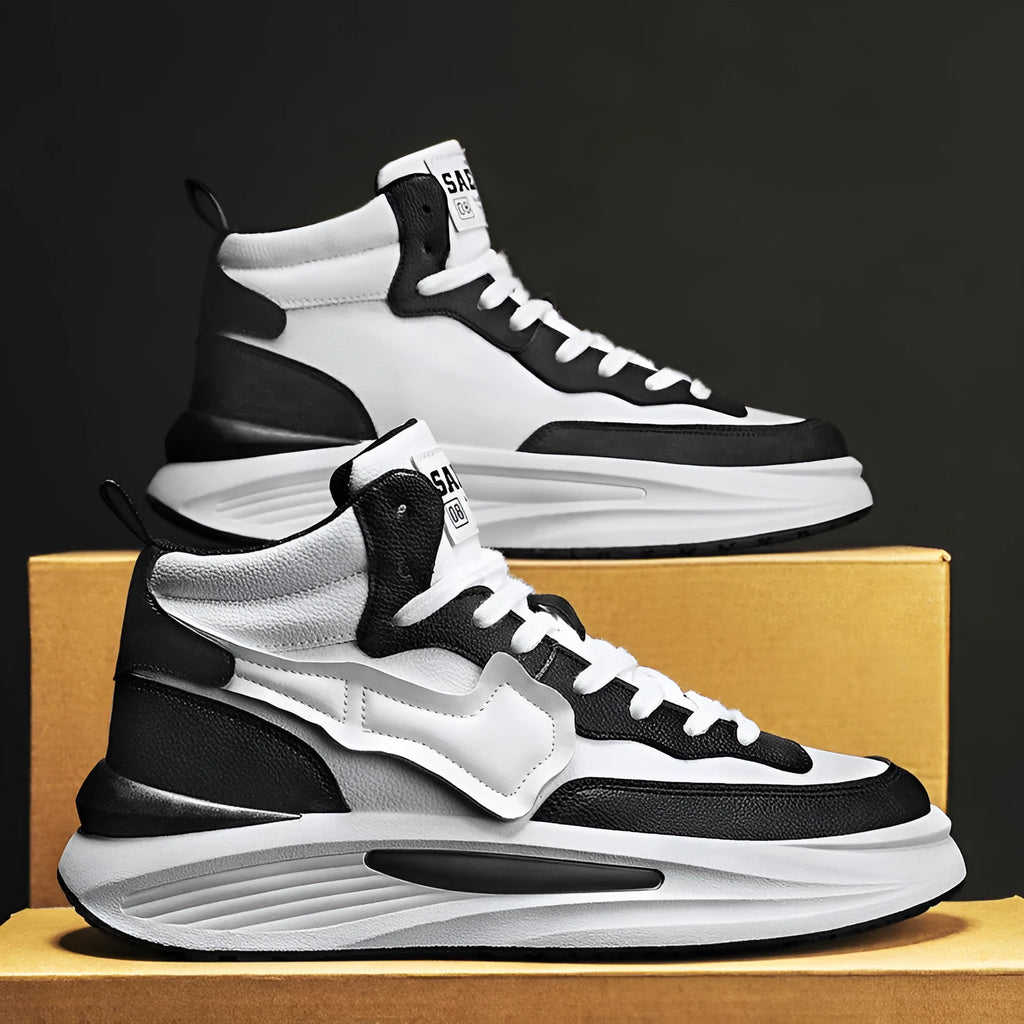 Men's black and white high-top platform board shoe with round toe