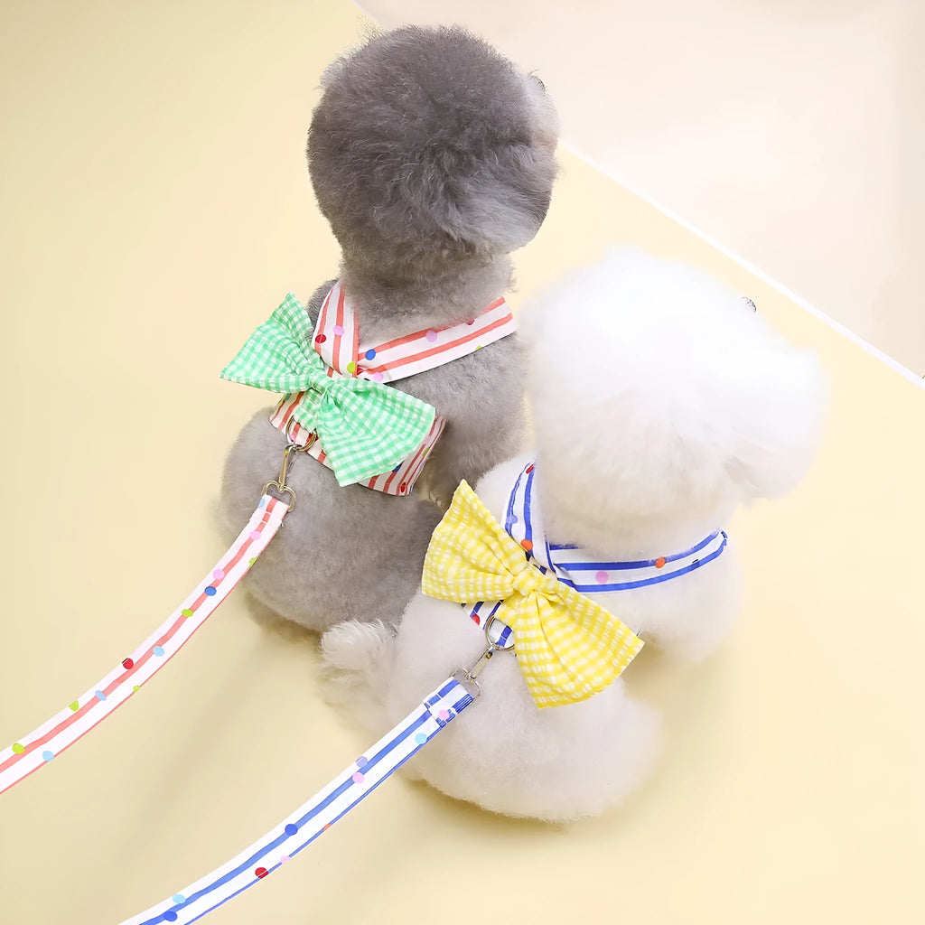 Pet clothing vertical bar bow chest back cotton dog vest shirt with leash green stripes