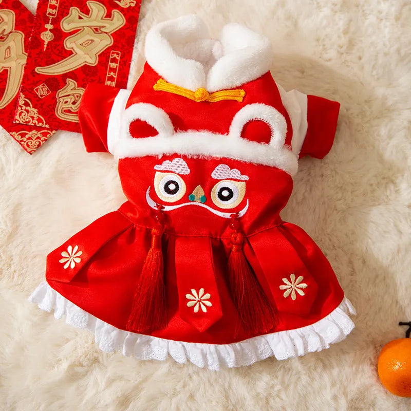 Lion dance pet costume cotton-padded red dog and cat warm clothing with tassels