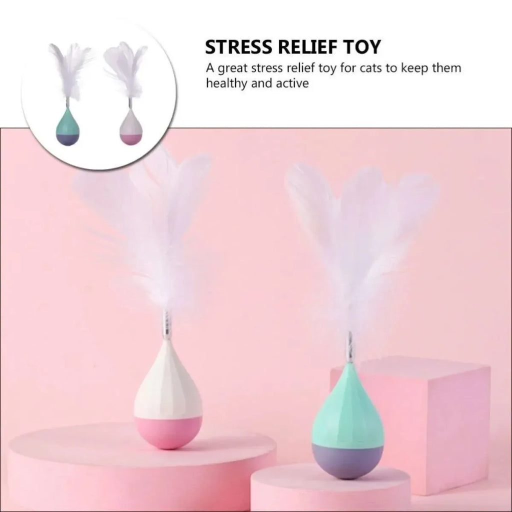 Green feather tumbler cat toy with attached tease stick and aluminium alloy components
