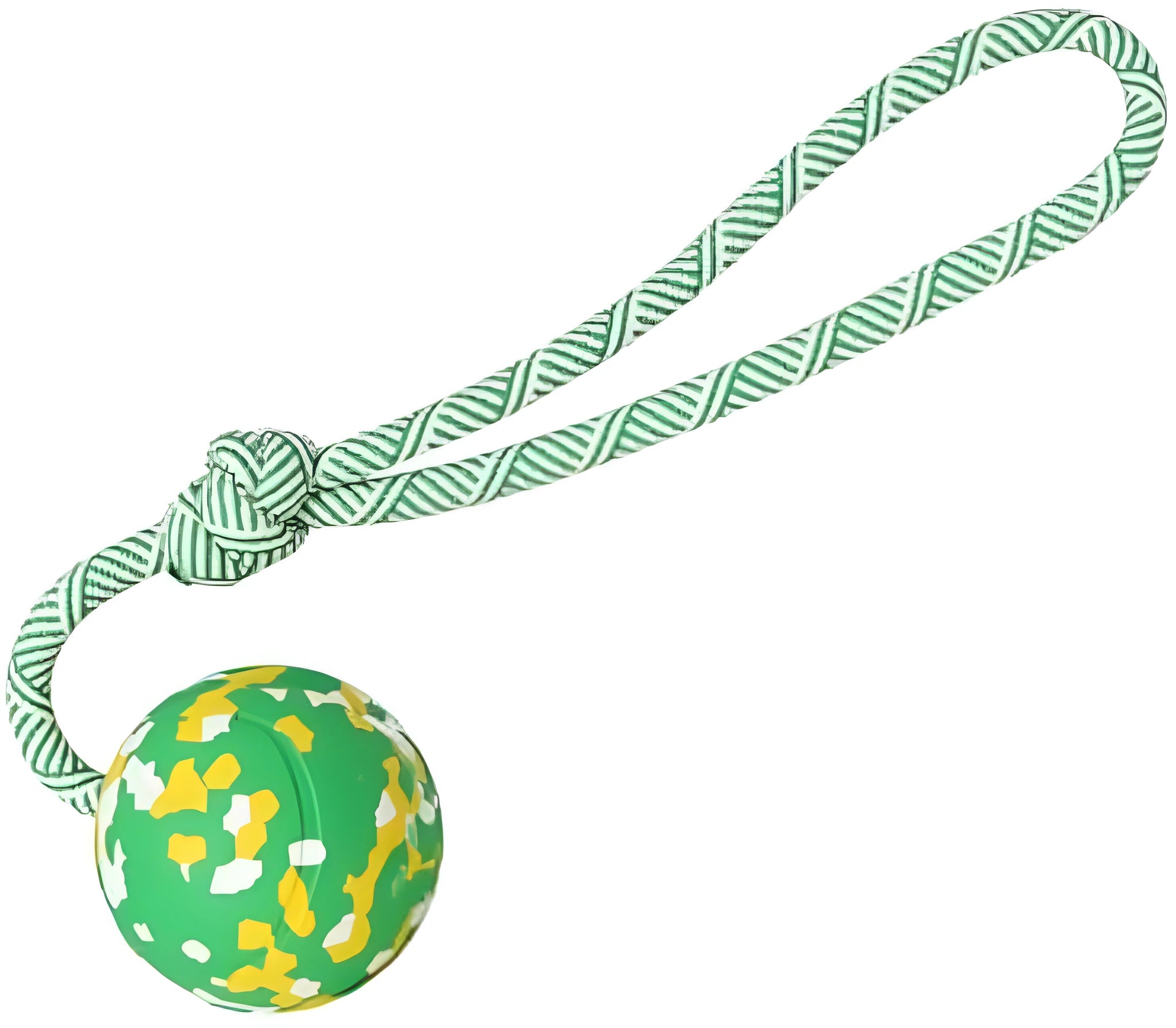 Natural rubber dog ball attached to nylon rope toy for medium and small dogs in two size options