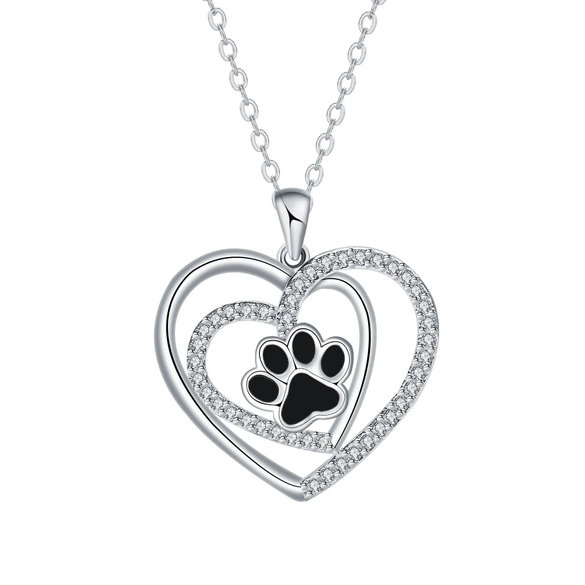 Women's copper dog paw heart pendant necklace on cross chain, electroplated finish.