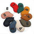 Set of 10 minimalist digital print golf club head covers in various colours made from PU material