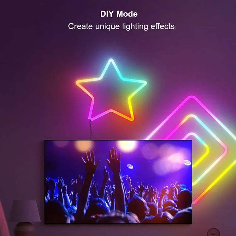 3 metre long RGB magic colour USB neon light strip with remote control on a dark background