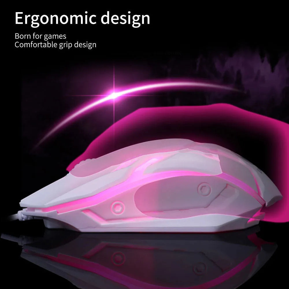 Wired computer mouse with glow lighting effect in black or white colour with USB cable