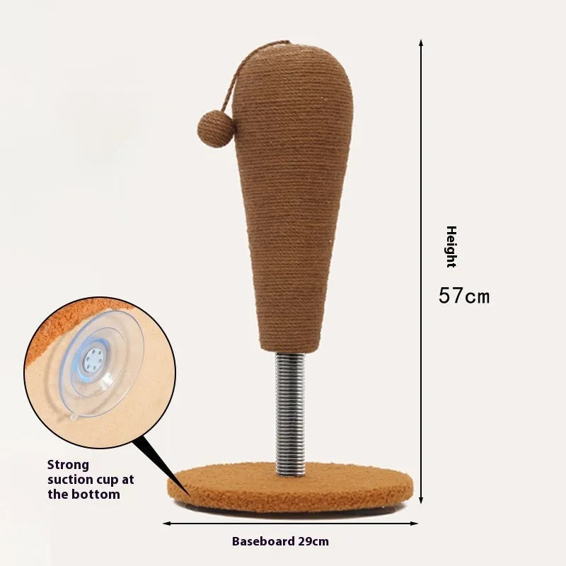 Natural hemp rope cat scratch board shown in large and small sizes with optional cat grasping ball and tumbler toys.