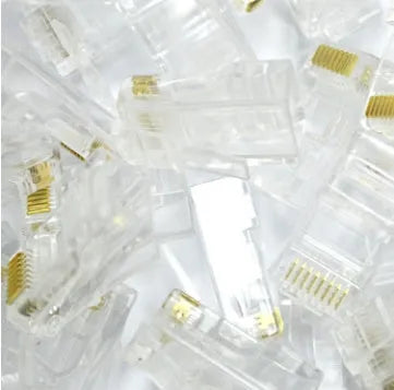 Bulk pack of 1000 white RJ45 network plugs with gold-plated contacts and copper inserts.