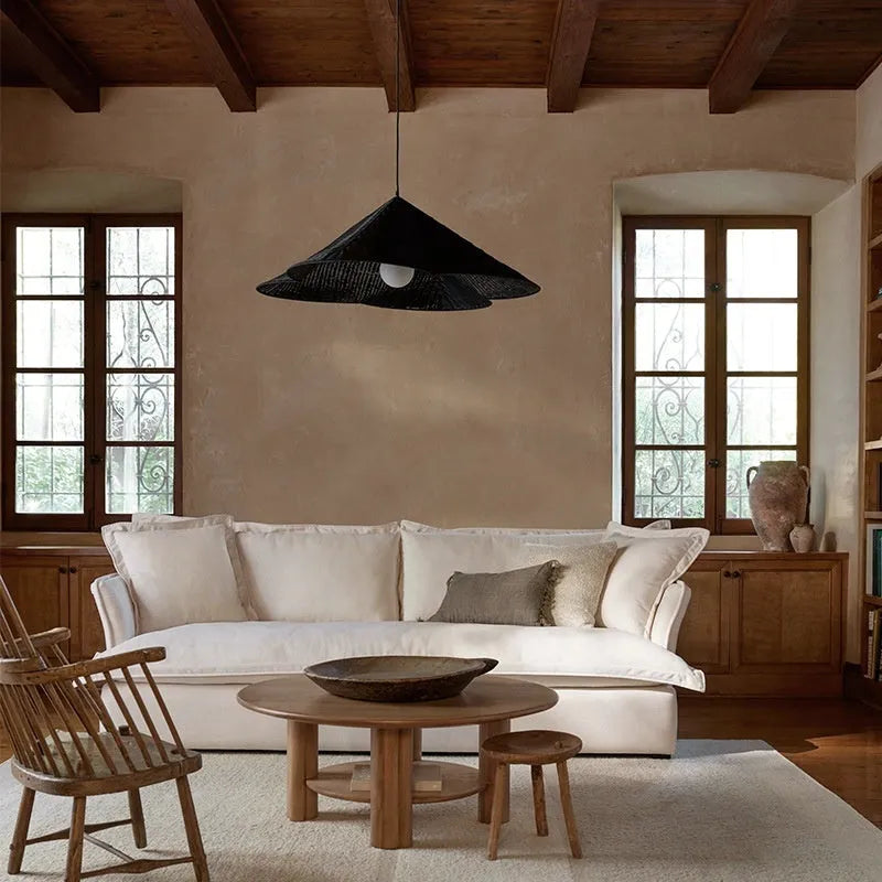 Rattan woven ceiling lamp with natural texture in Silent Wind style, diameter options from 50cm to 80cm