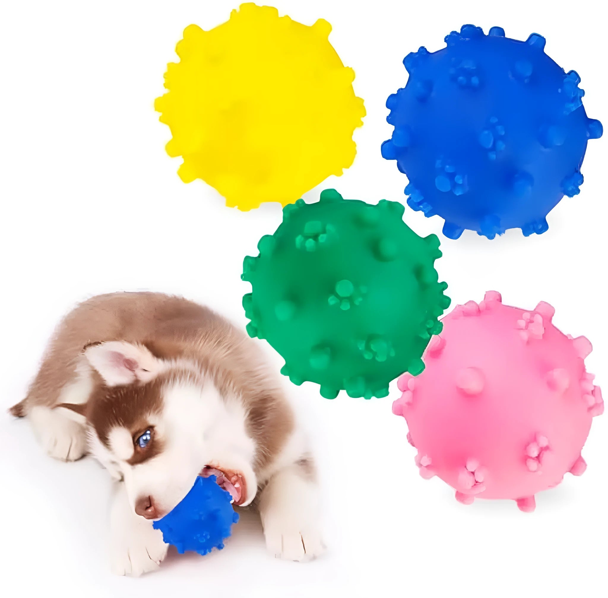 A bright blue spiky dog toy ball with a dimpled texture, shown next to a measuring tape indicating its 2-inch diameter.