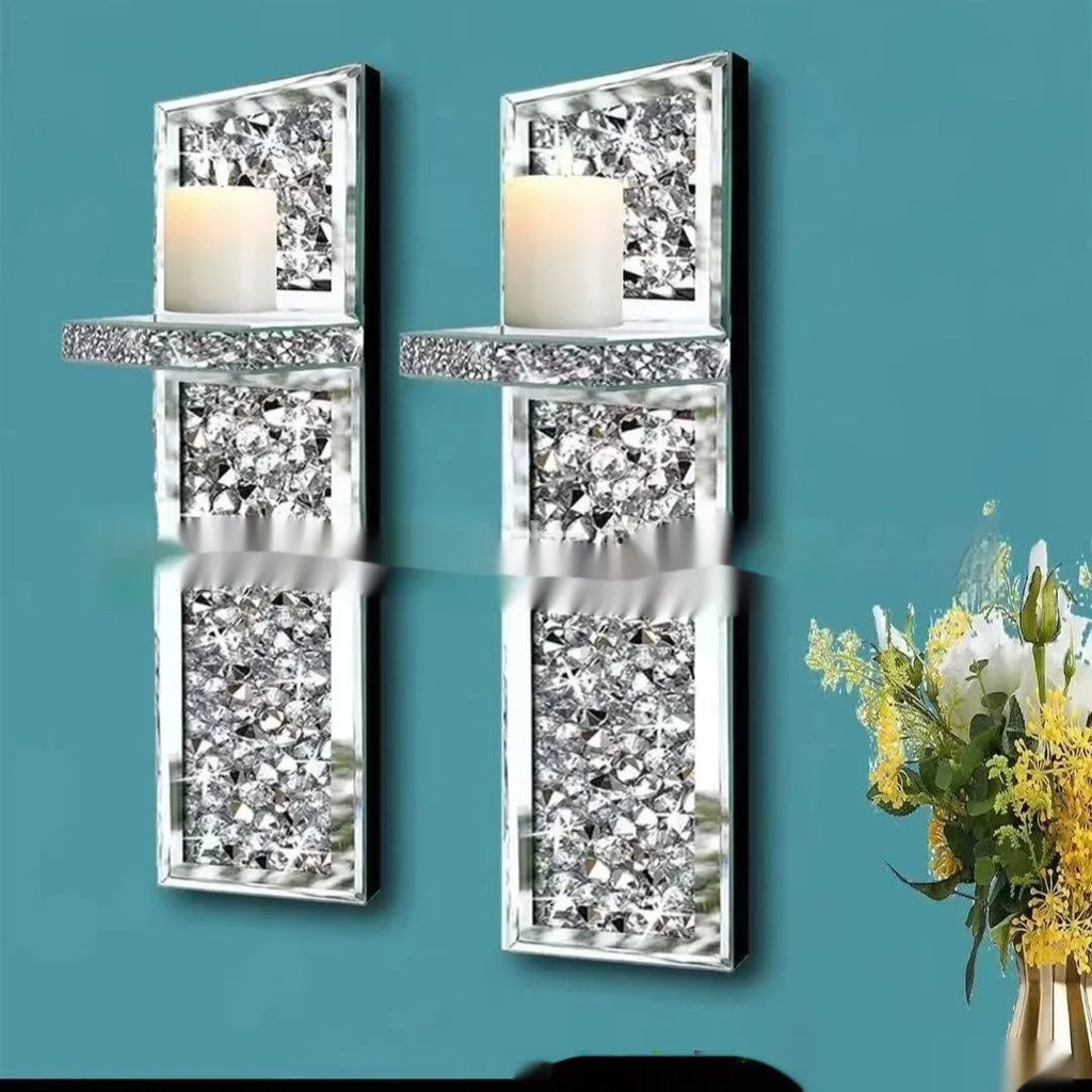 Silver mirror crystal candle holders for wall mounting in modern living room decor