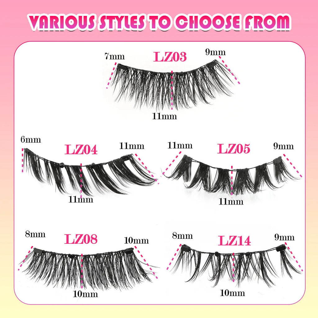 Set of five reusable waterproof glue-free false eyelashes on a card, styles LZ03 LZ04 LZ05 LZ08 LZ14.