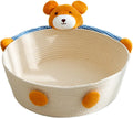 Cotton rope woven basket cat bed with integrated scratching surface, shown in bear design.