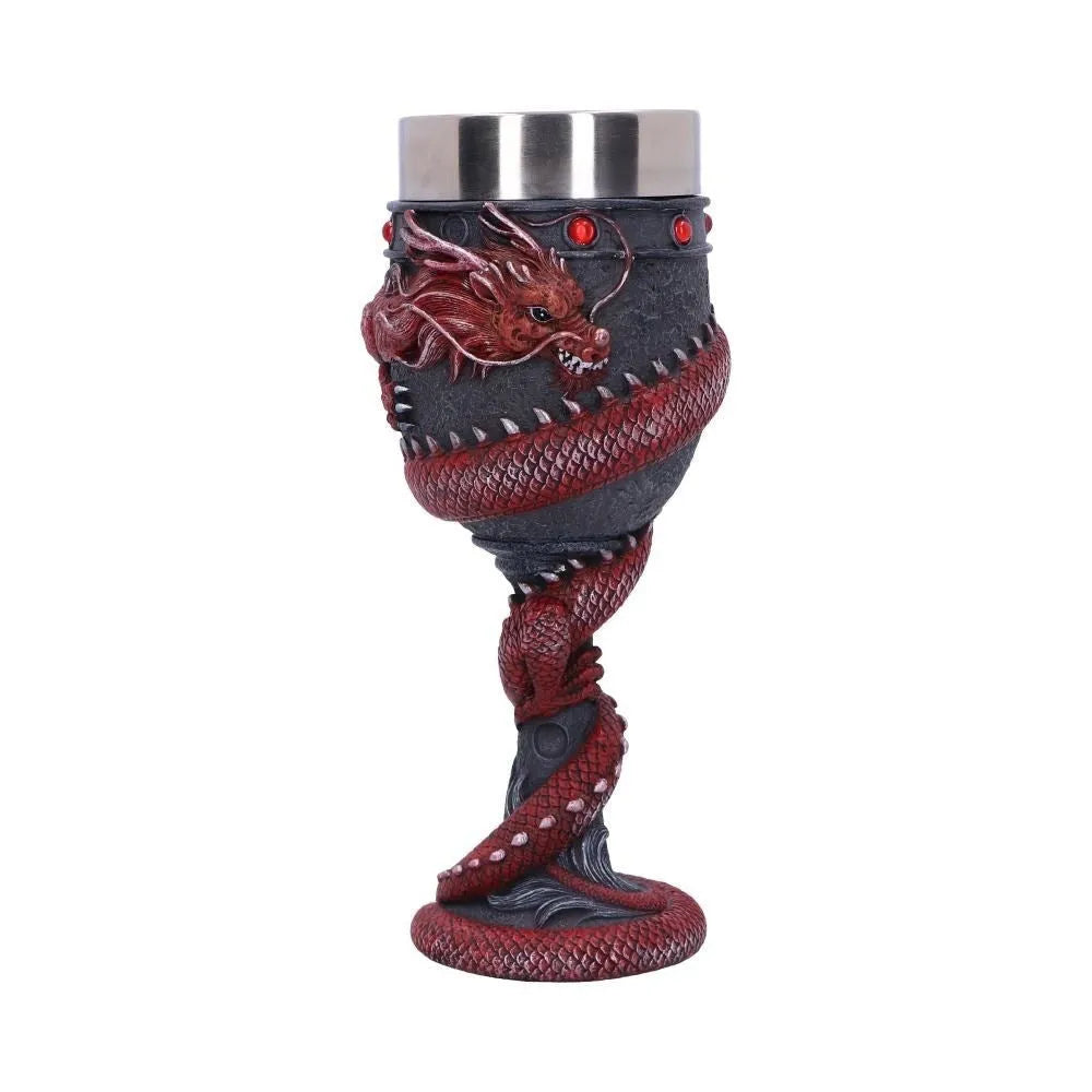 Stainless steel red wine glass with 3D Chinese dragon design in gold colour
