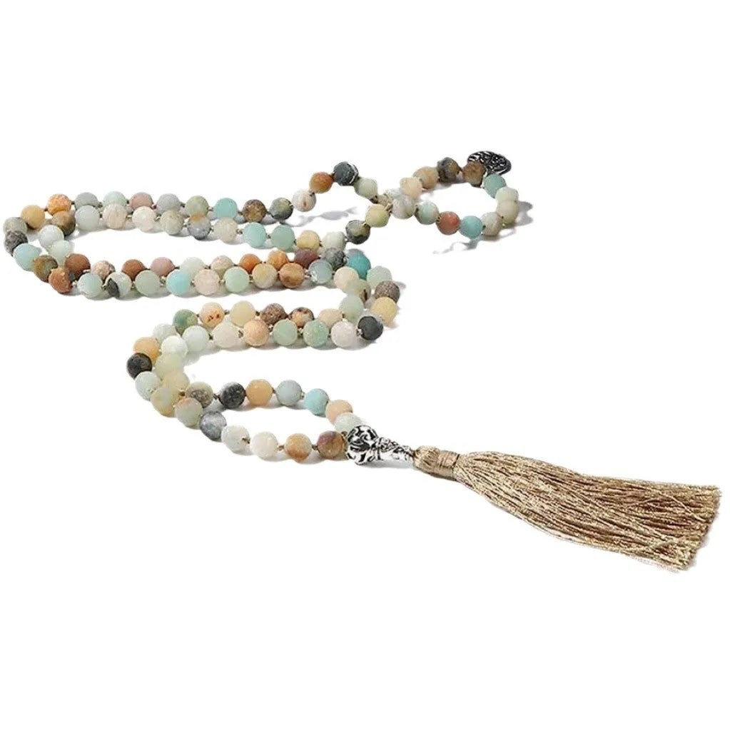 Handmade knotted necklace with 108 natural stone beads and pendant on 81cm chain